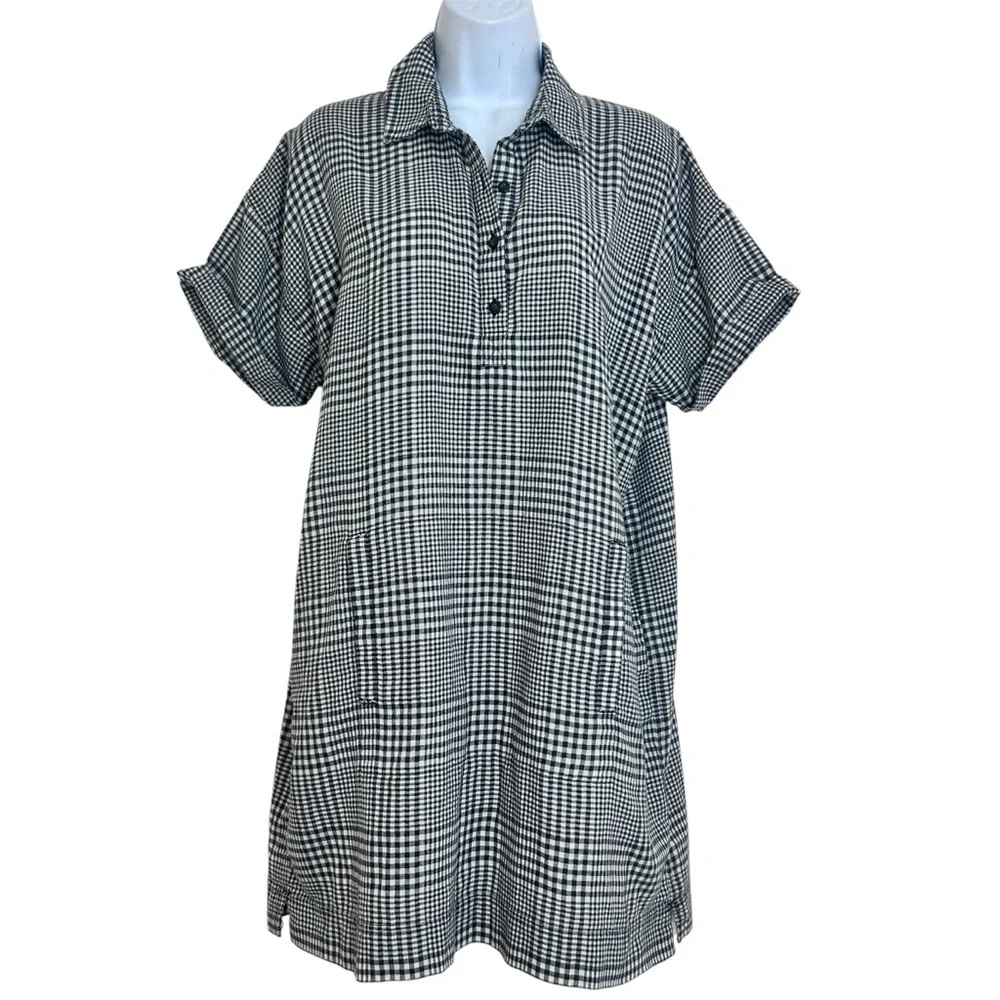 Toad&Co Platitude Short Sleeve Shirt Dress Black and White Plaid Size M